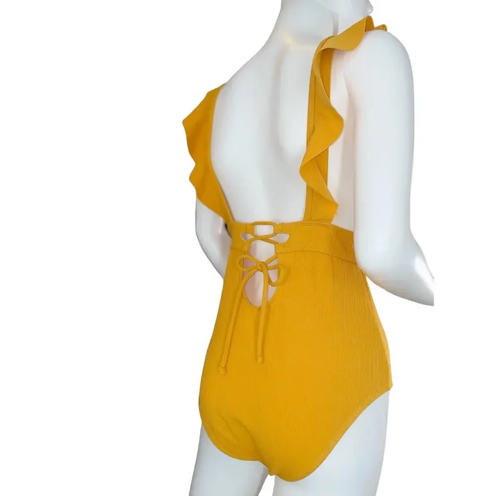 Sunset Yellow Ruffle Swimsuit, Medium, Ruffles and lace up. Deep V‎ cleavage.